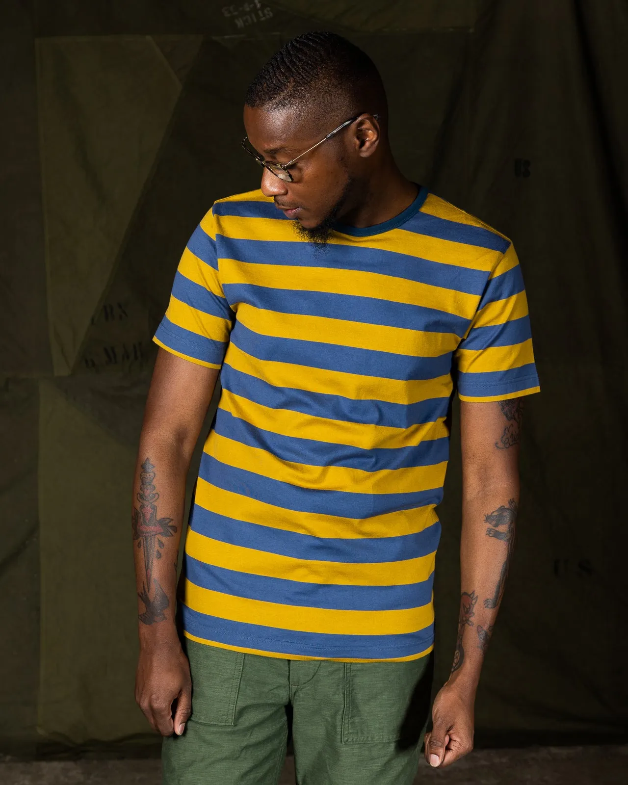 40's Biker Hoop Tee - Mustard & Blue
