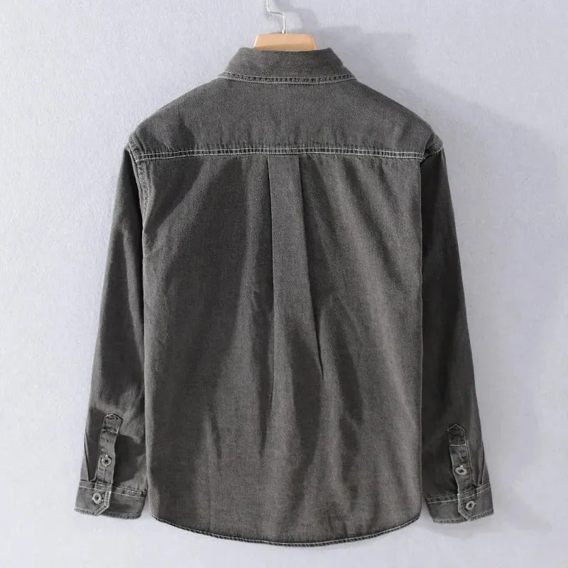 Aidase Dark Gray Distrssed Washed Denim Shirt Men's Clothing Simple Casual Wear Retro Cargo Jeans Tops Long Sleeve Oversize Fashion