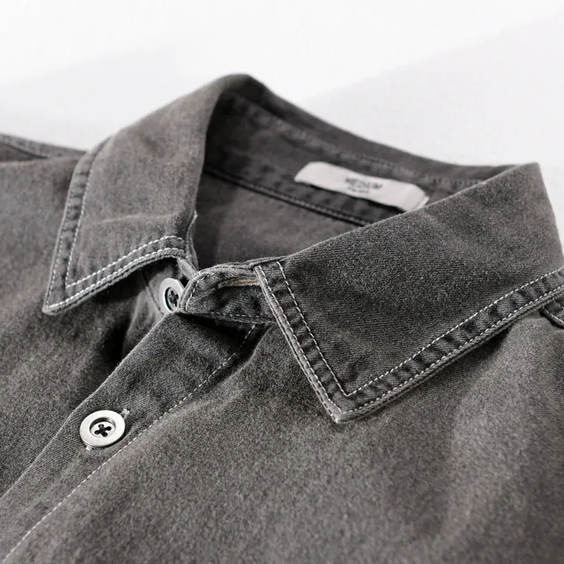 Aidase Dark Gray Distrssed Washed Denim Shirt Men's Clothing Simple Casual Wear Retro Cargo Jeans Tops Long Sleeve Oversize Fashion