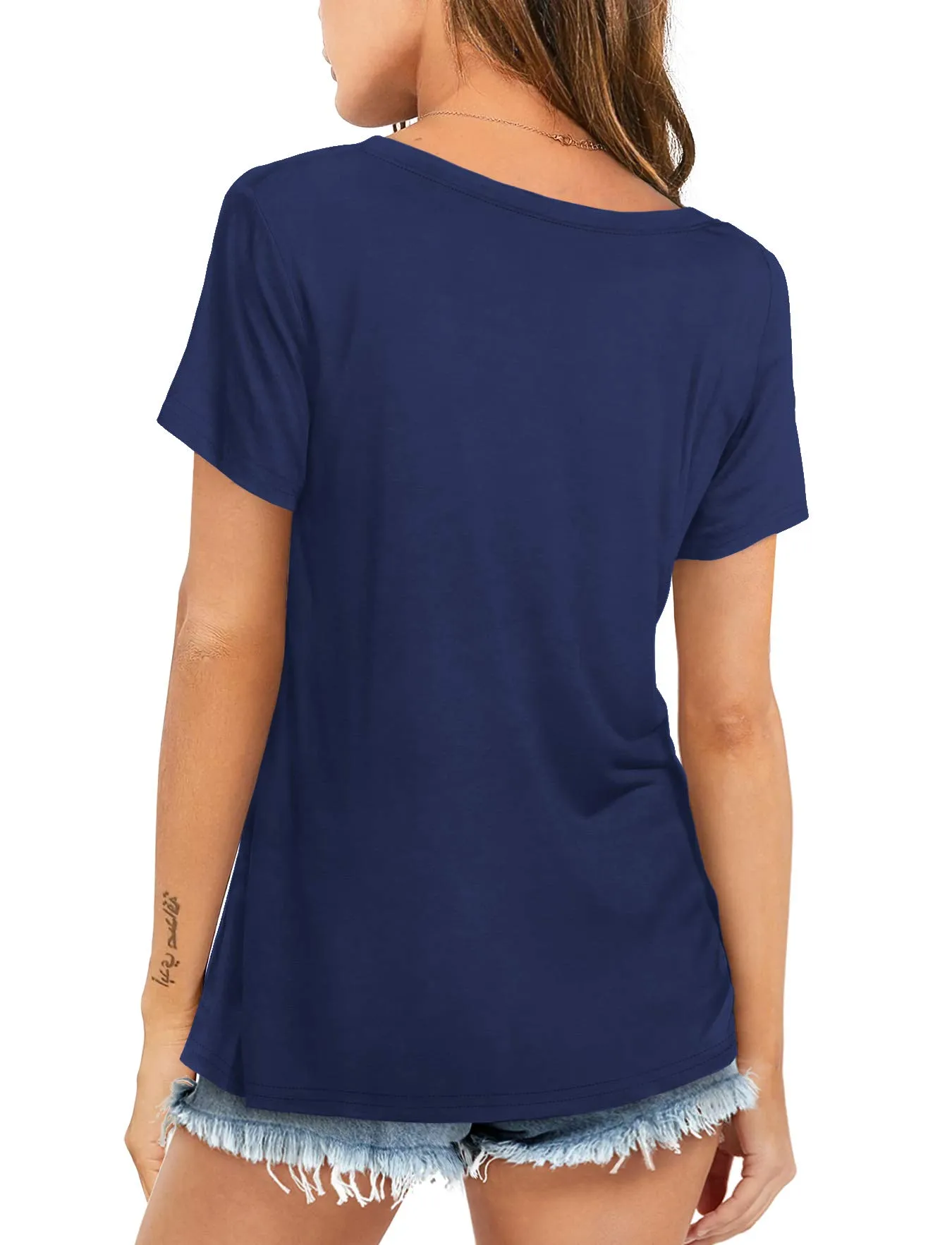Amoretu Womens V Neck Tops Short Sleeve Casual Loose Plain T-Shirts Navy XL