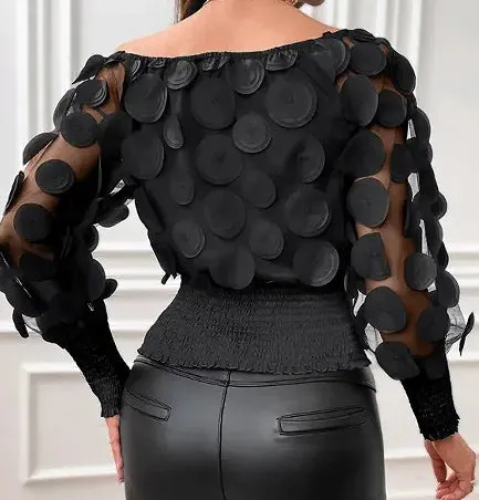 Applique Slant Shoulder Blouse, Elegant Long Sleeve Blouse