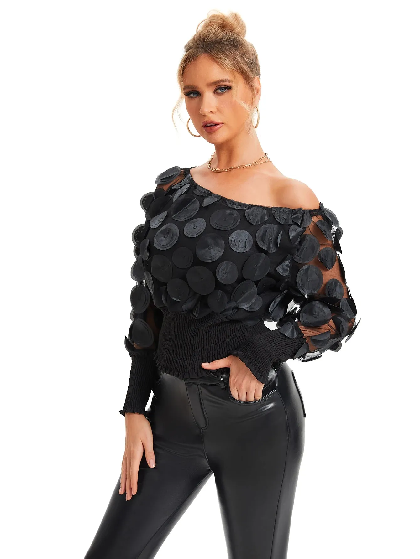 Applique Slant Shoulder Blouse, Elegant Long Sleeve Blouse