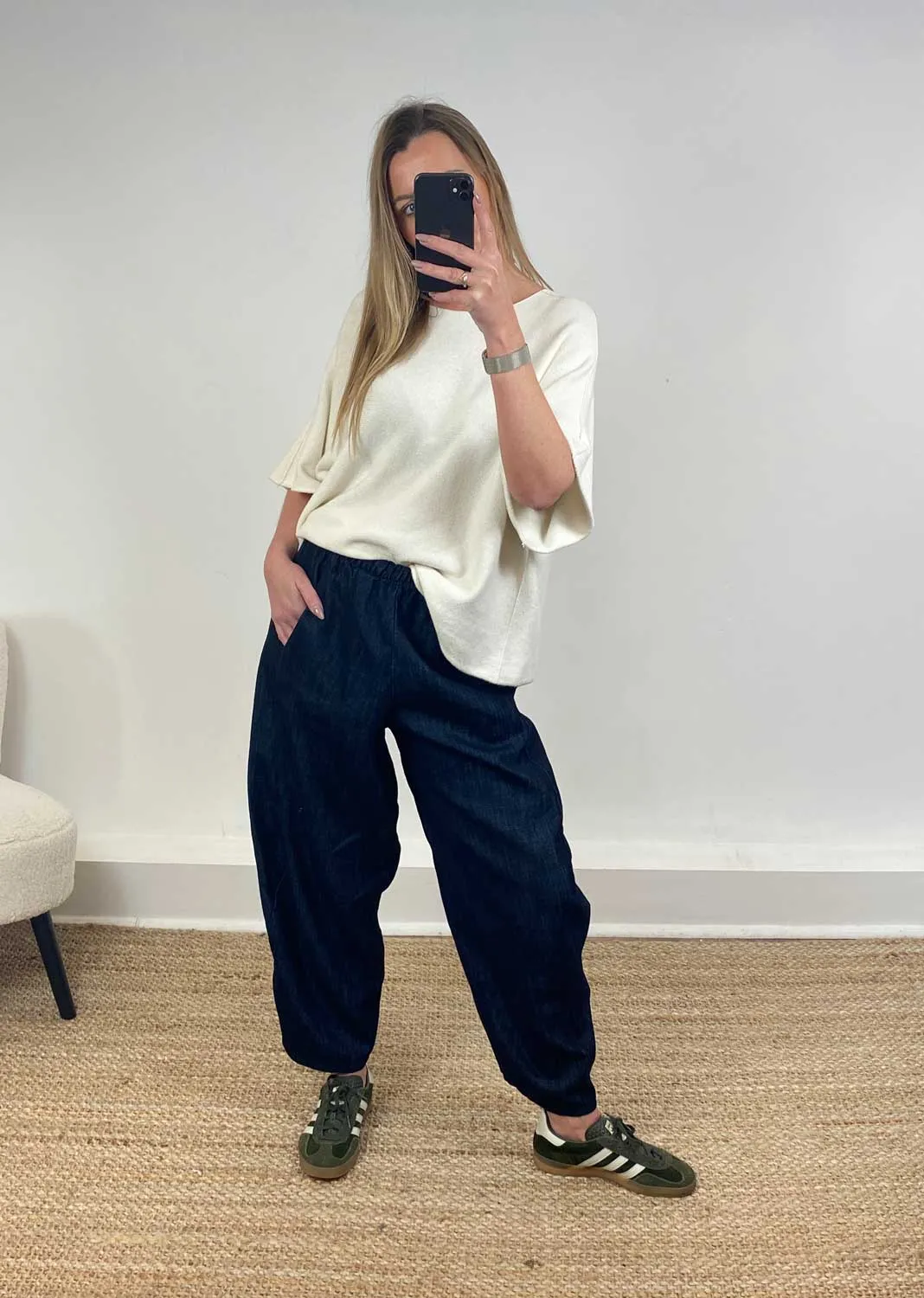 Arden Denim Barrel Pants in Dark Indigo