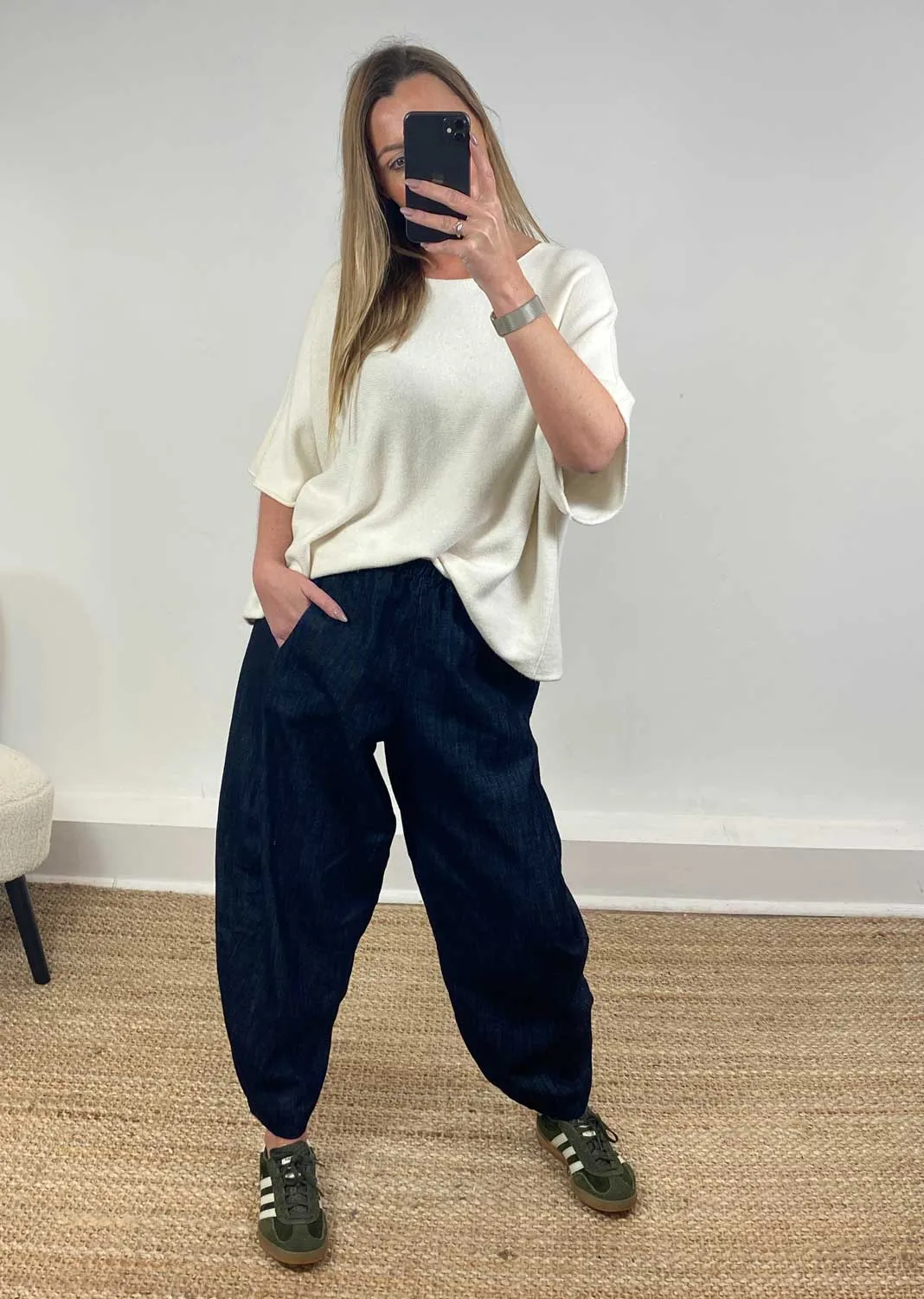 Arden Denim Barrel Pants in Dark Indigo