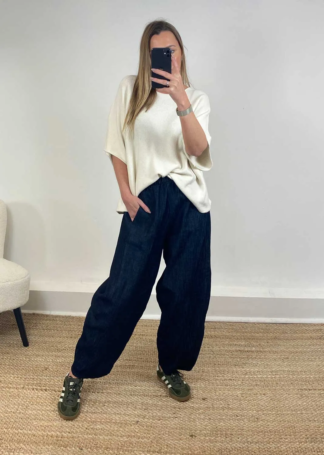 Arden Denim Barrel Pants in Dark Indigo