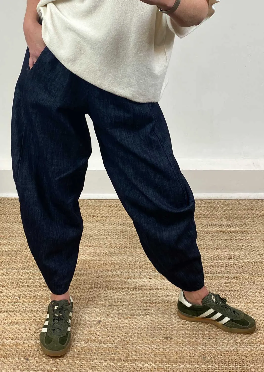 Arden Denim Barrel Pants in Dark Indigo