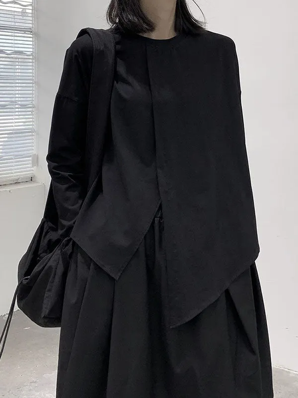 Asymmetric Solid Color Split-Front Split-Joint Long Sleeves Loose Round-Neck T-Shirts