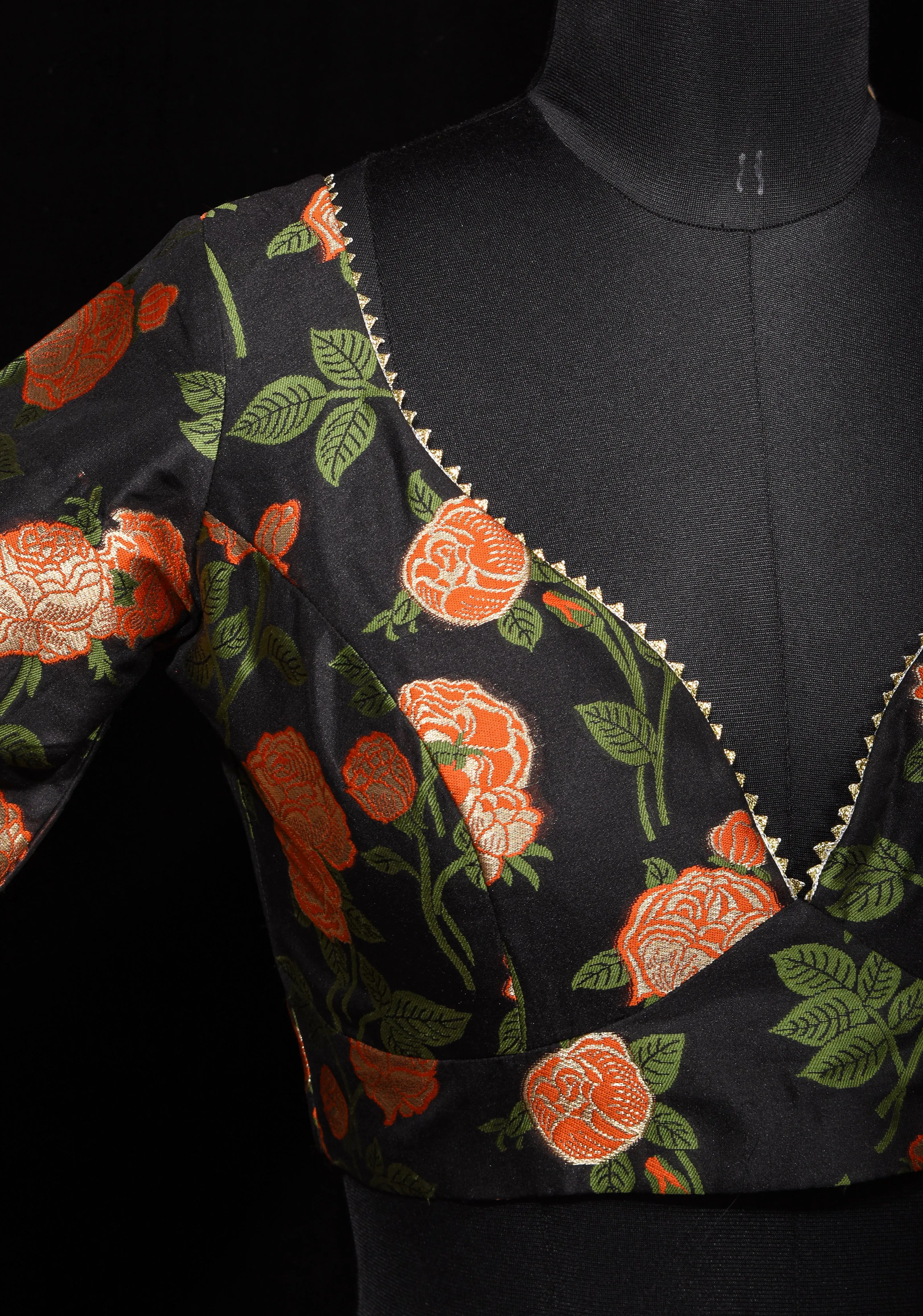 Black Banarasi Meenakari Plunge Neck Blouse with Gotta Detailing, customizable, made-to-order