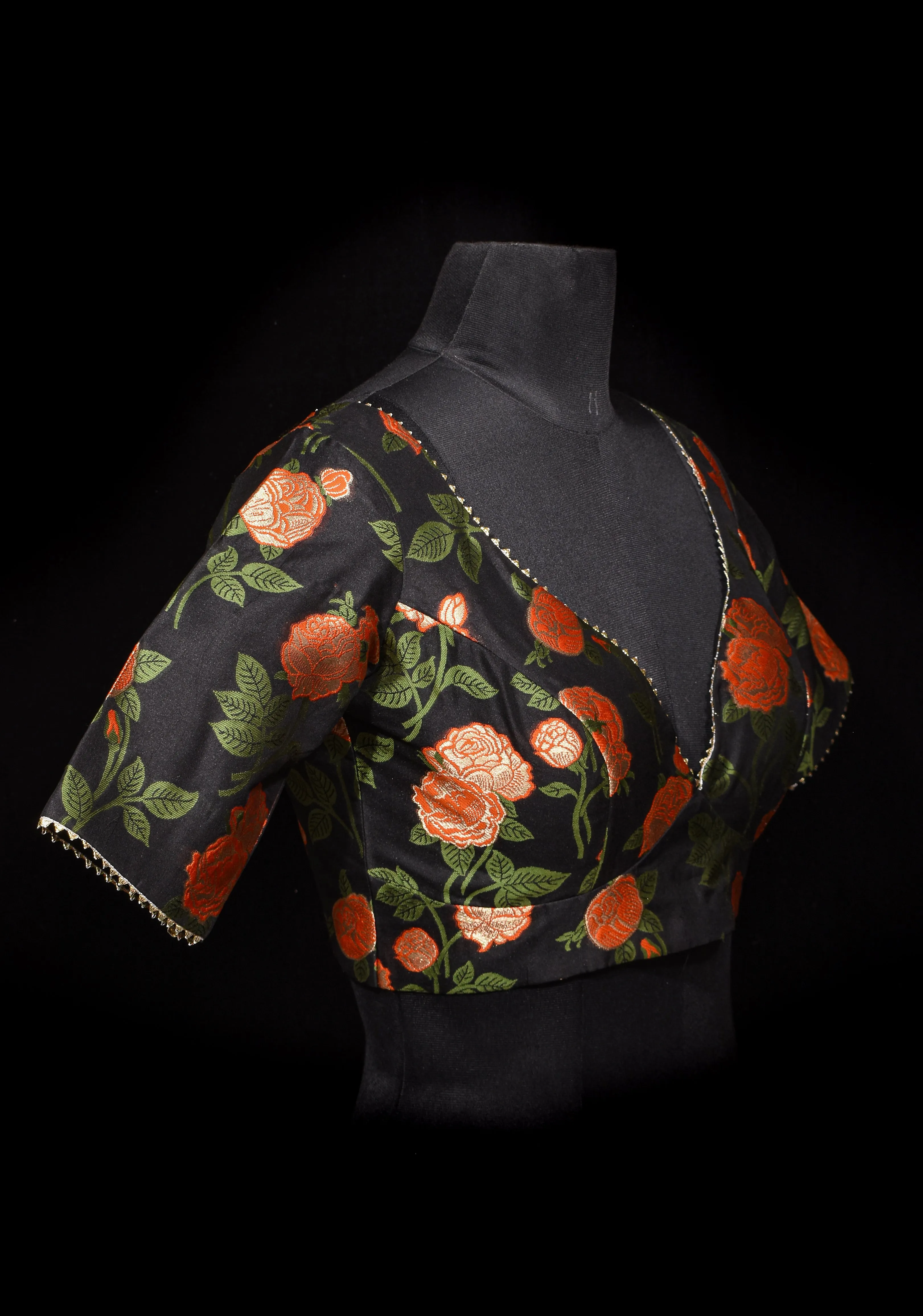 Black Banarasi Meenakari Plunge Neck Blouse with Gotta Detailing, customizable, made-to-order
