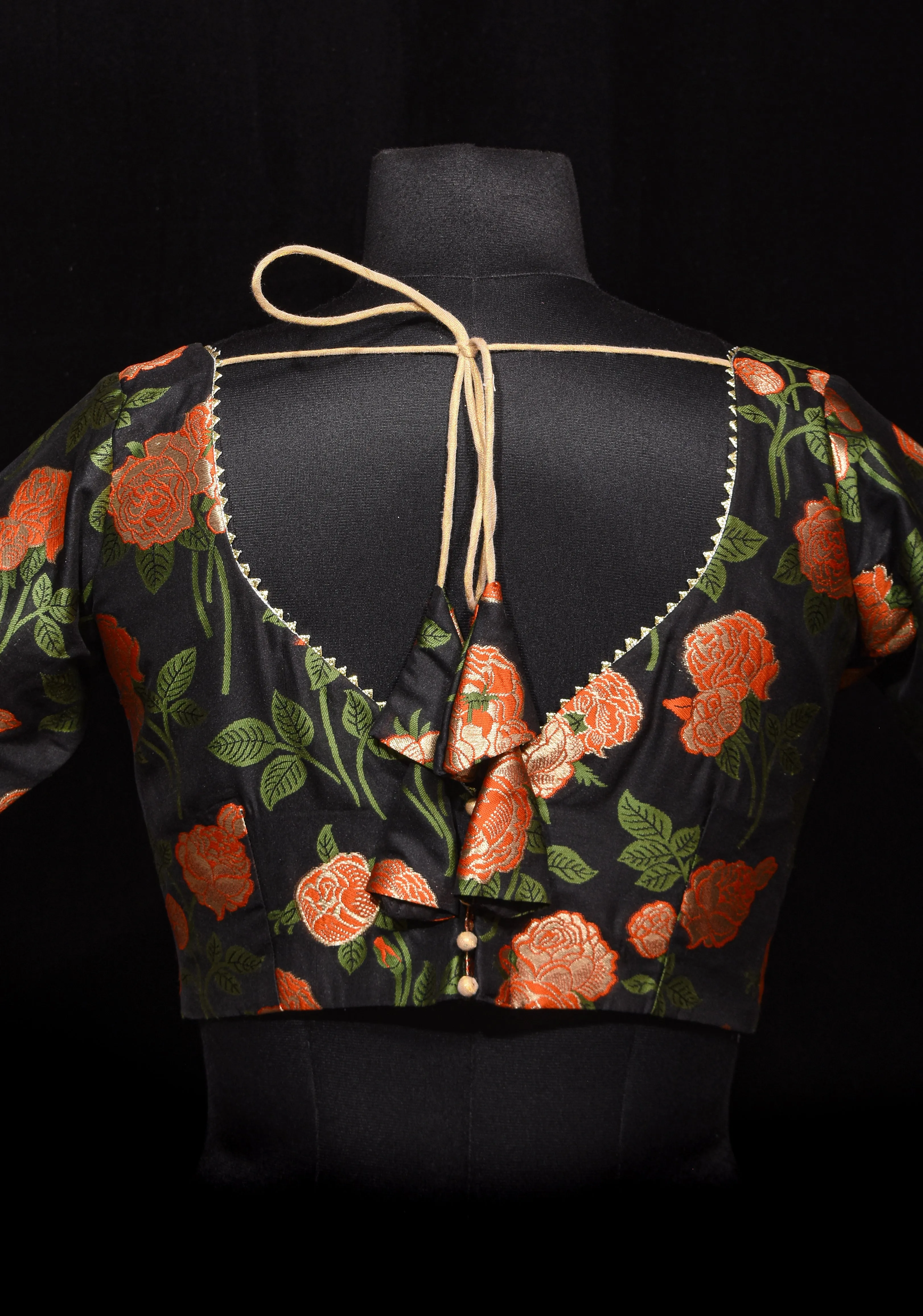 Black Banarasi Meenakari Plunge Neck Blouse with Gotta Detailing, customizable, made-to-order