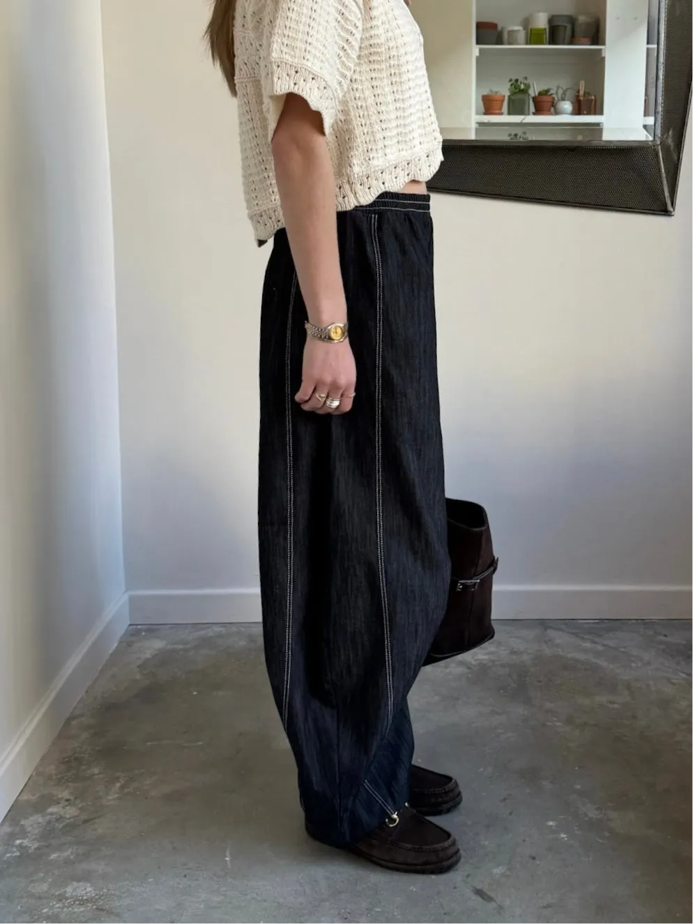 Black Contrast Stitch Barrel Jeans