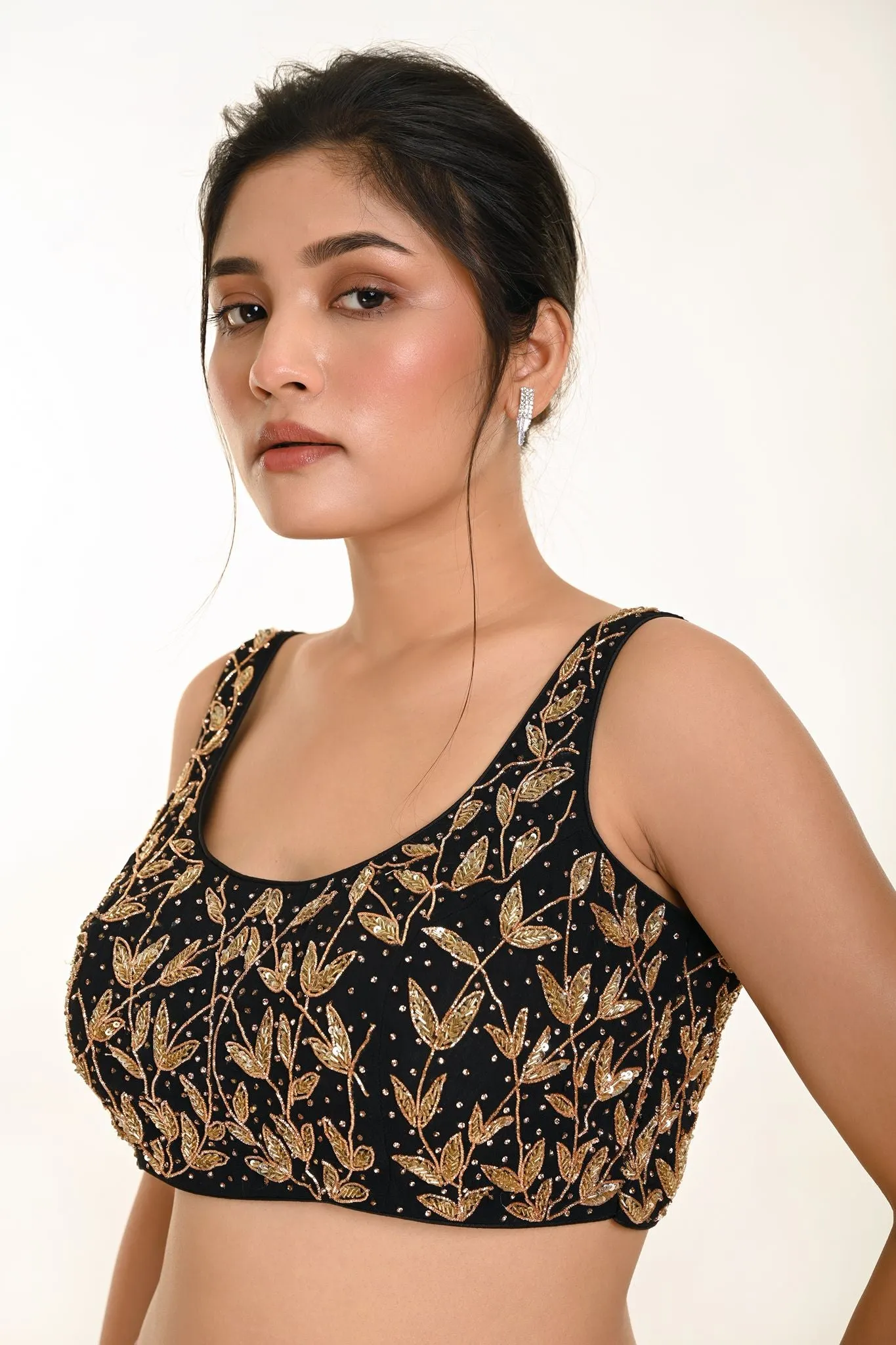 Black Cutdana Hand Embroidered Sleeveless Georgette Blouse in U Neckline