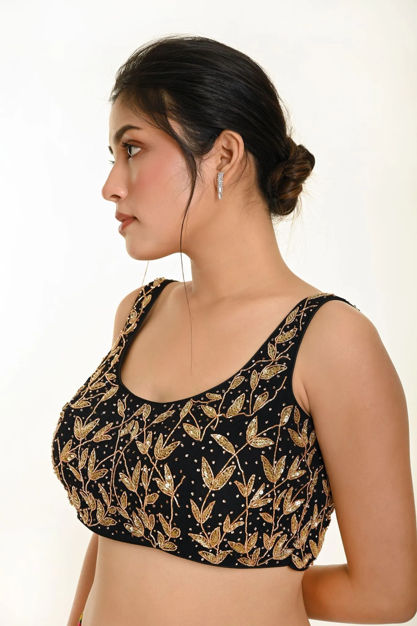 Black Cutdana Hand Embroidered Sleeveless Georgette Blouse in U Neckline