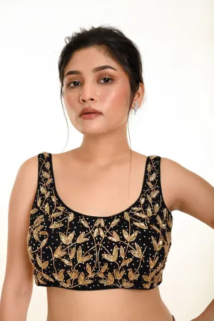 Black Cutdana Hand Embroidered Sleeveless Georgette Blouse in U Neckline