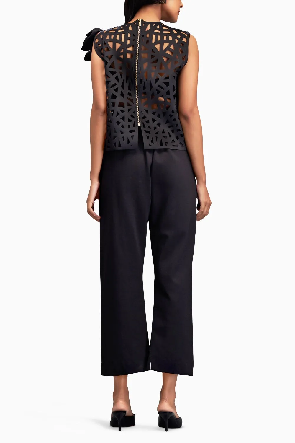 Black Geometric Cutout Crop Top with Pants