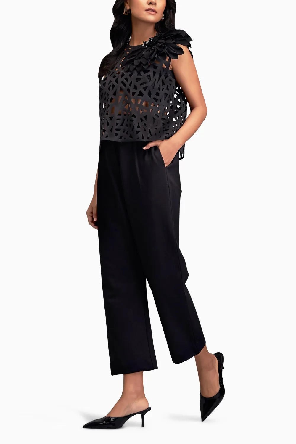 Black Geometric Cutout Crop Top with Pants