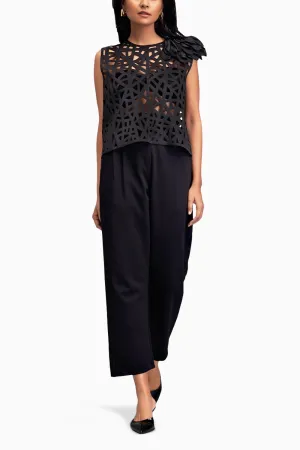 Black Geometric Cutout Crop Top with Pants