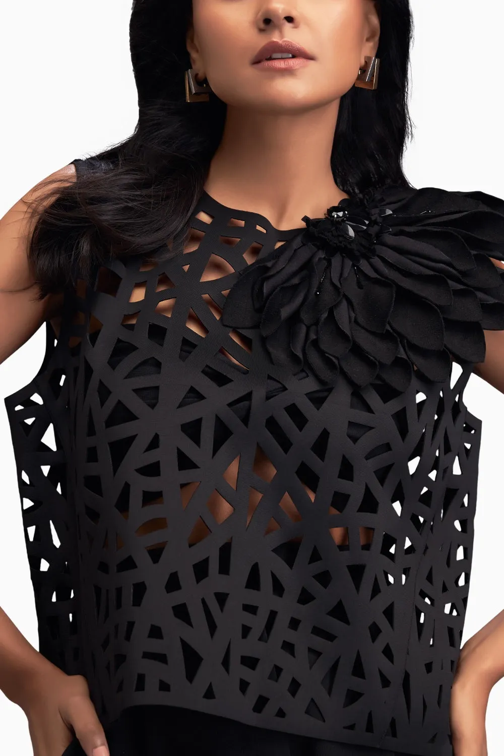 Black Geometric Cutout Crop Top with Pants