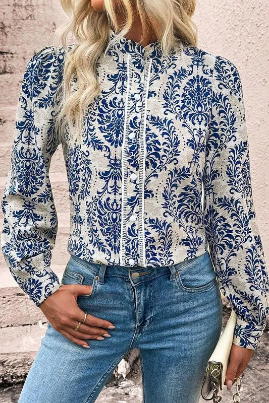 Bohemian Printed Bishop Sleeve Lace Shirt