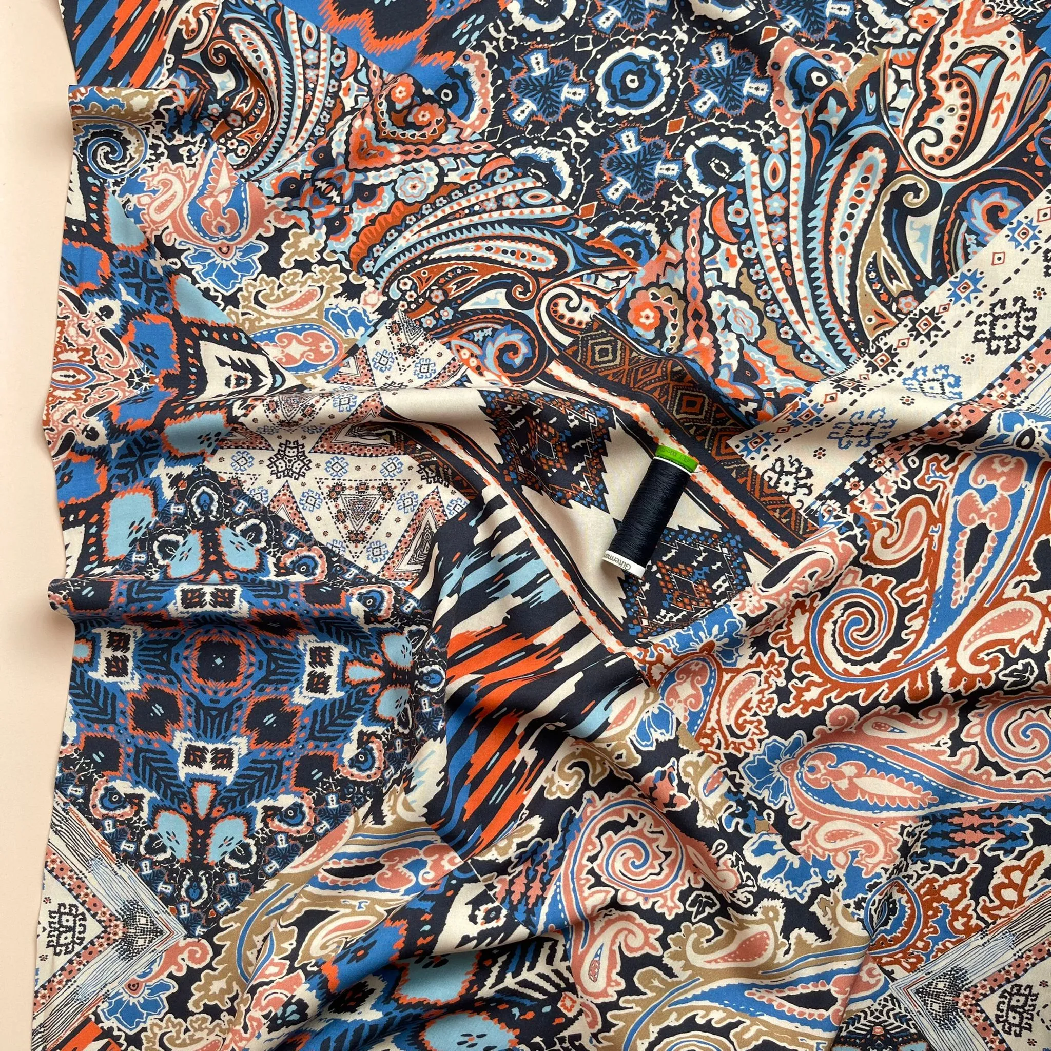 Bohemian Tiles Royal Blue Viscose / Rayon Fabric