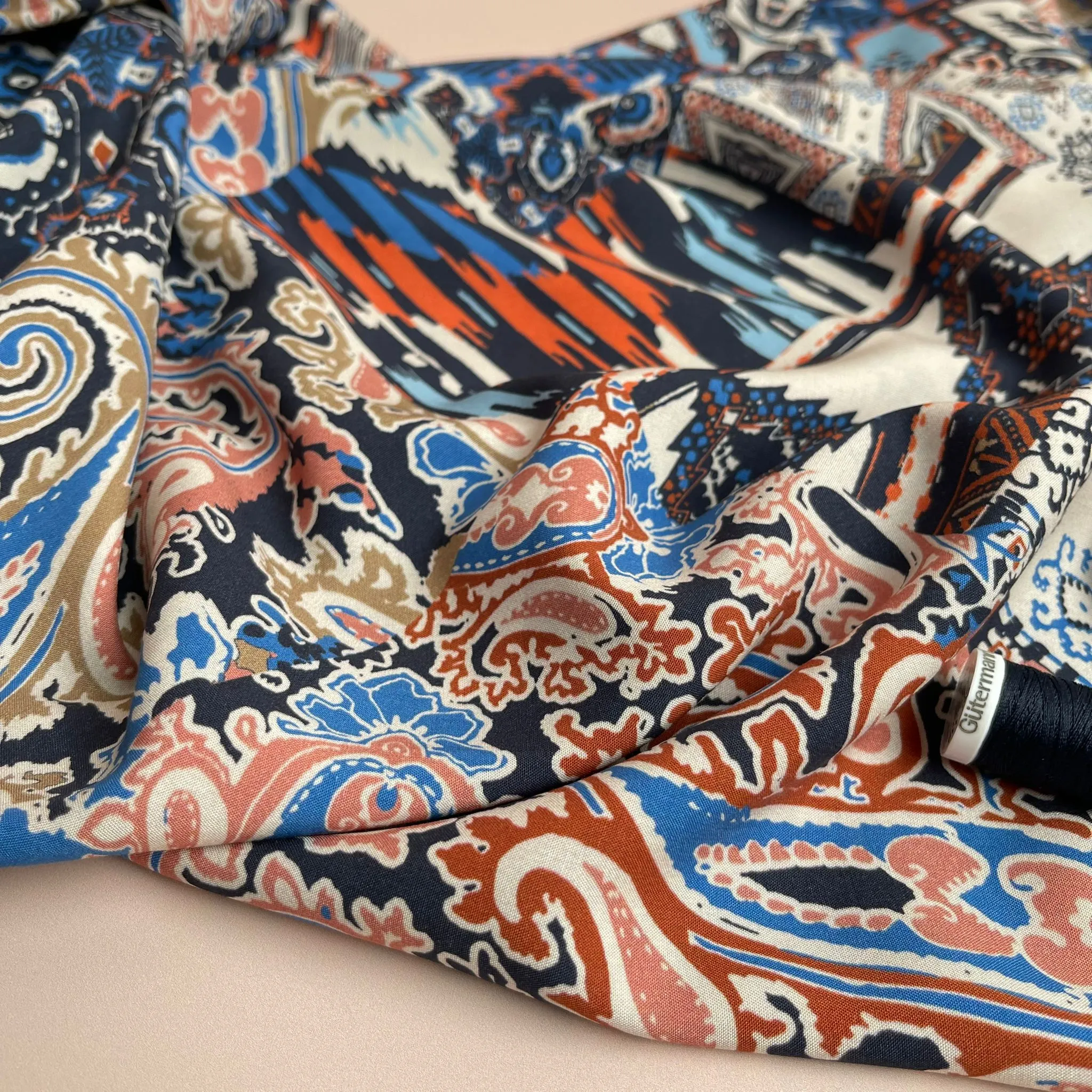 Bohemian Tiles Royal Blue Viscose / Rayon Fabric