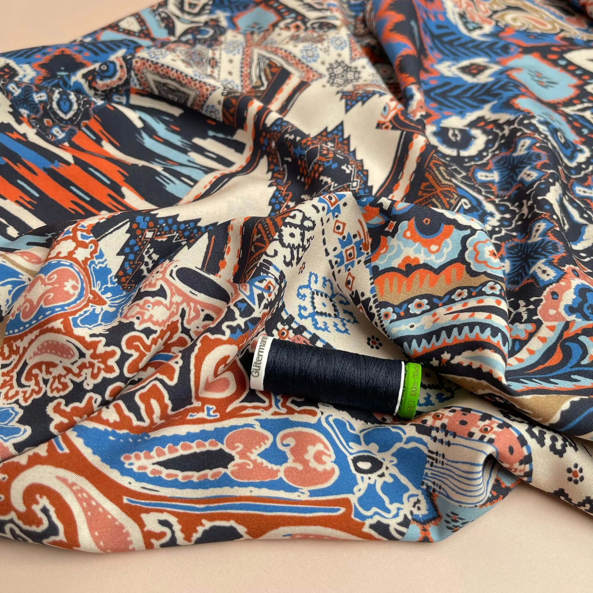 Bohemian Tiles Royal Blue Viscose / Rayon Fabric