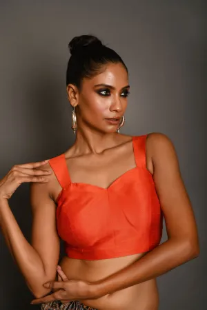 Burnt Orange Raw Silk Sleeveless Blouse with Sweetheart Neckline