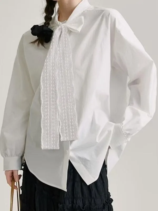 Buttoned Solid Color Long Sleeves Lace Collar Blouses&shirts Tops