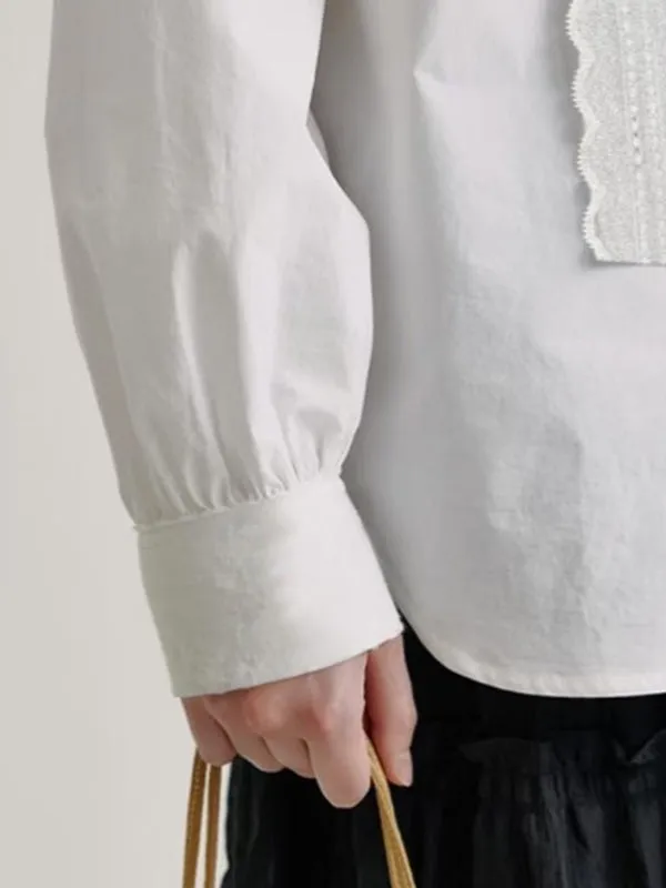 Buttoned Solid Color Long Sleeves Lace Collar Blouses&shirts Tops