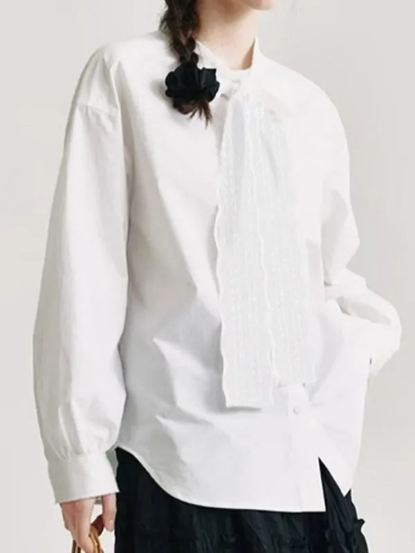 Buttoned Solid Color Long Sleeves Lace Collar Blouses&shirts Tops