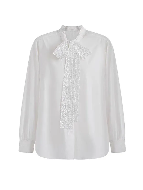 Buttoned Solid Color Long Sleeves Lace Collar Blouses&shirts Tops
