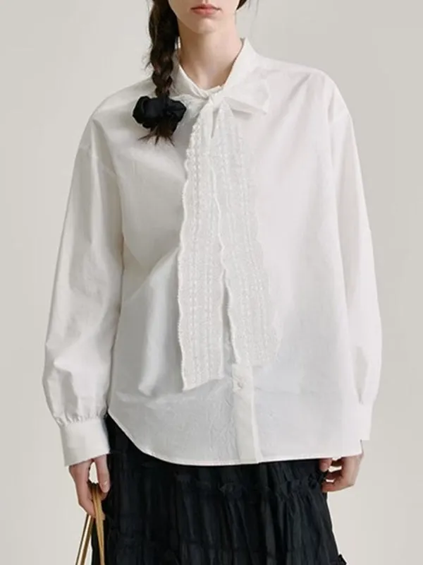 Buttoned Solid Color Long Sleeves Lace Collar Blouses&shirts Tops
