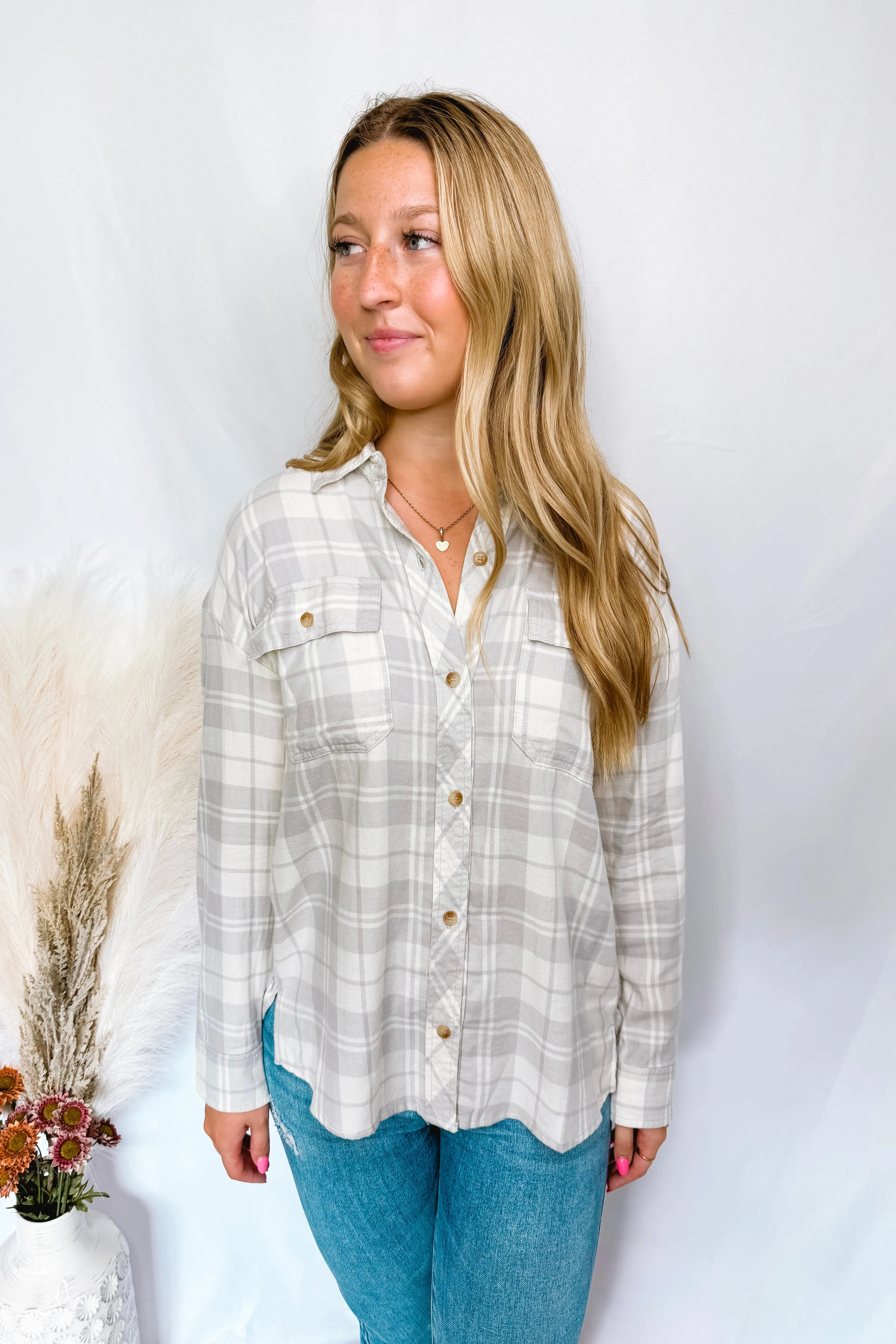 Cabin Days Plaid Button Down Flannel - Grey/Cream