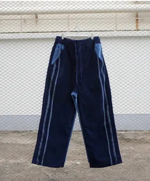 CALLIGRAPHY LASER PRINT DENIM VELVET DECONSTRUCTED TRACK-PANTS