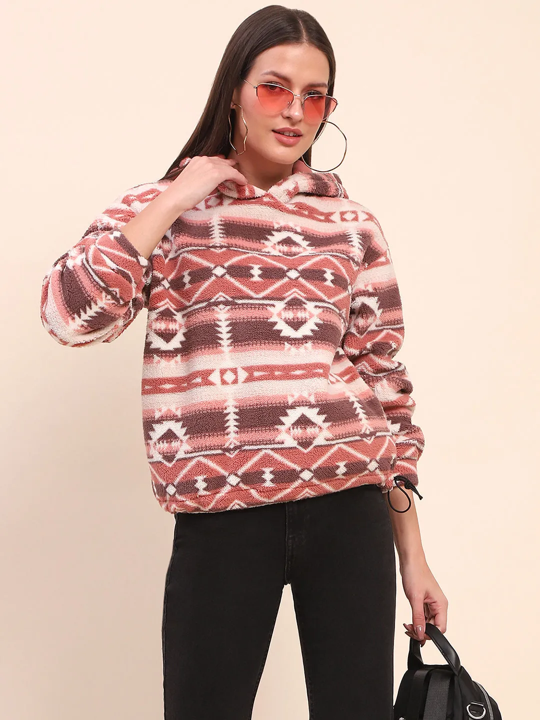 Camla Barcelona Aztec Print Hooded Brown Sweatshirt