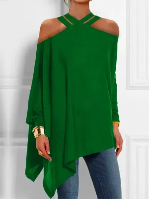 Chicmy-Loose Asymmetric Hollow Solid Color Cold Shoulder Blouses&Shirts Tops