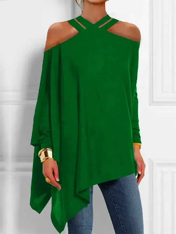 Chicmy-Loose Asymmetric Hollow Solid Color Cold Shoulder Blouses&Shirts Tops