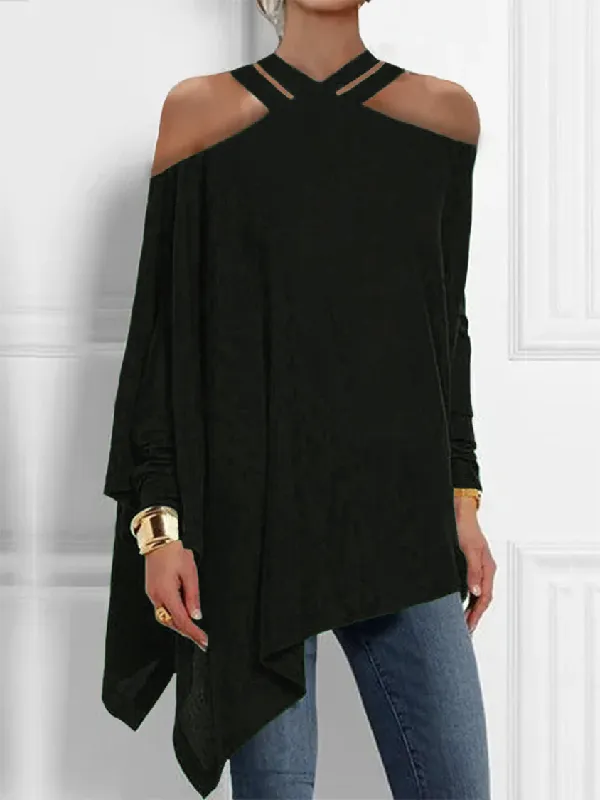 Chicmy-Loose Asymmetric Hollow Solid Color Cold Shoulder Blouses&Shirts Tops