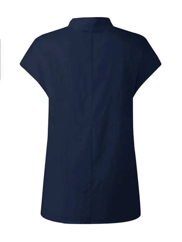 Chicmy-Solid Color Stand Collar Cap-Sleeve Shirts