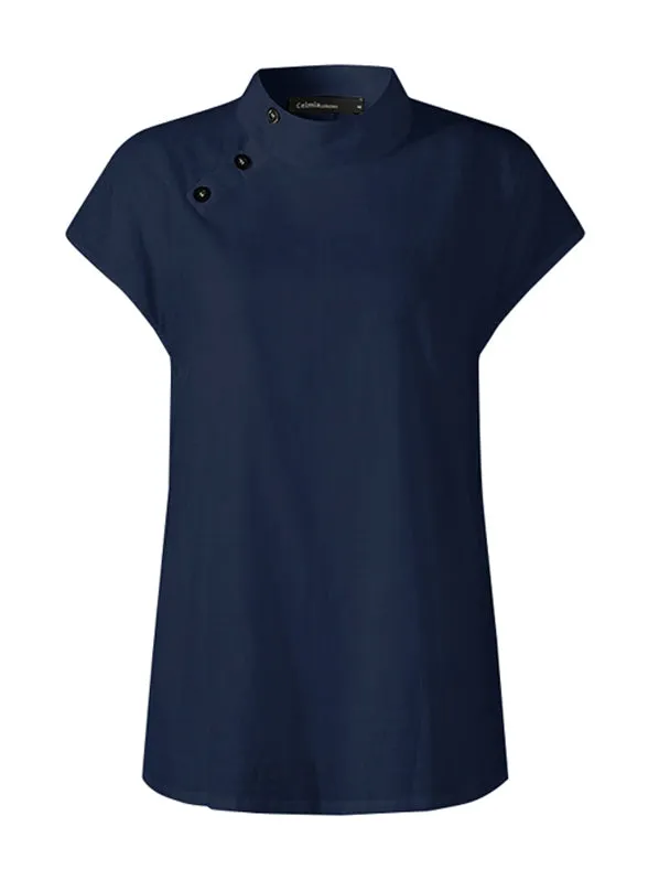 Chicmy-Solid Color Stand Collar Cap-Sleeve Shirts