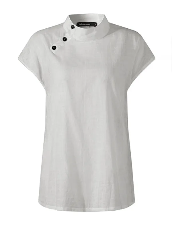 Chicmy-Solid Color Stand Collar Cap-Sleeve Shirts