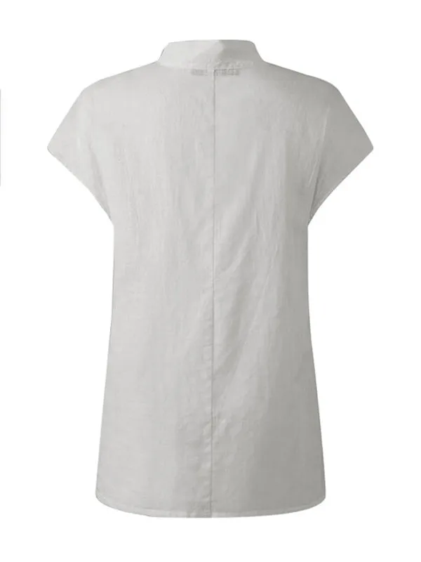 Chicmy-Solid Color Stand Collar Cap-Sleeve Shirts