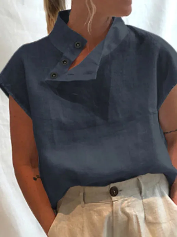 Chicmy-Solid Color Stand Collar Cap-Sleeve Shirts