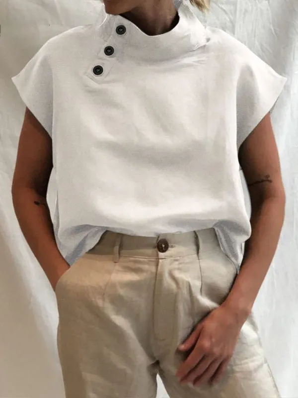 Chicmy-Solid Color Stand Collar Cap-Sleeve Shirts