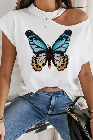 Cold Shoulder Butterfly Print T-Shirt