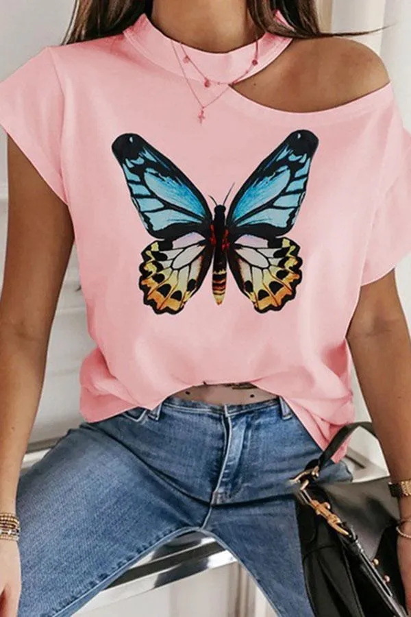 Cold Shoulder Butterfly Print T-Shirt
