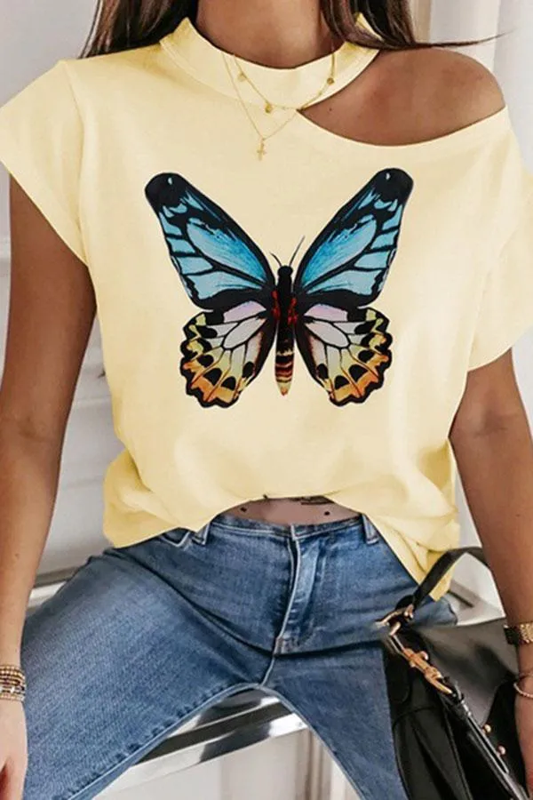 Cold Shoulder Butterfly Print T-Shirt