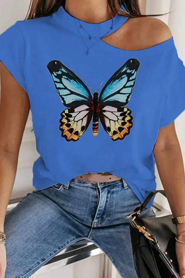 Cold Shoulder Butterfly Print T-Shirt
