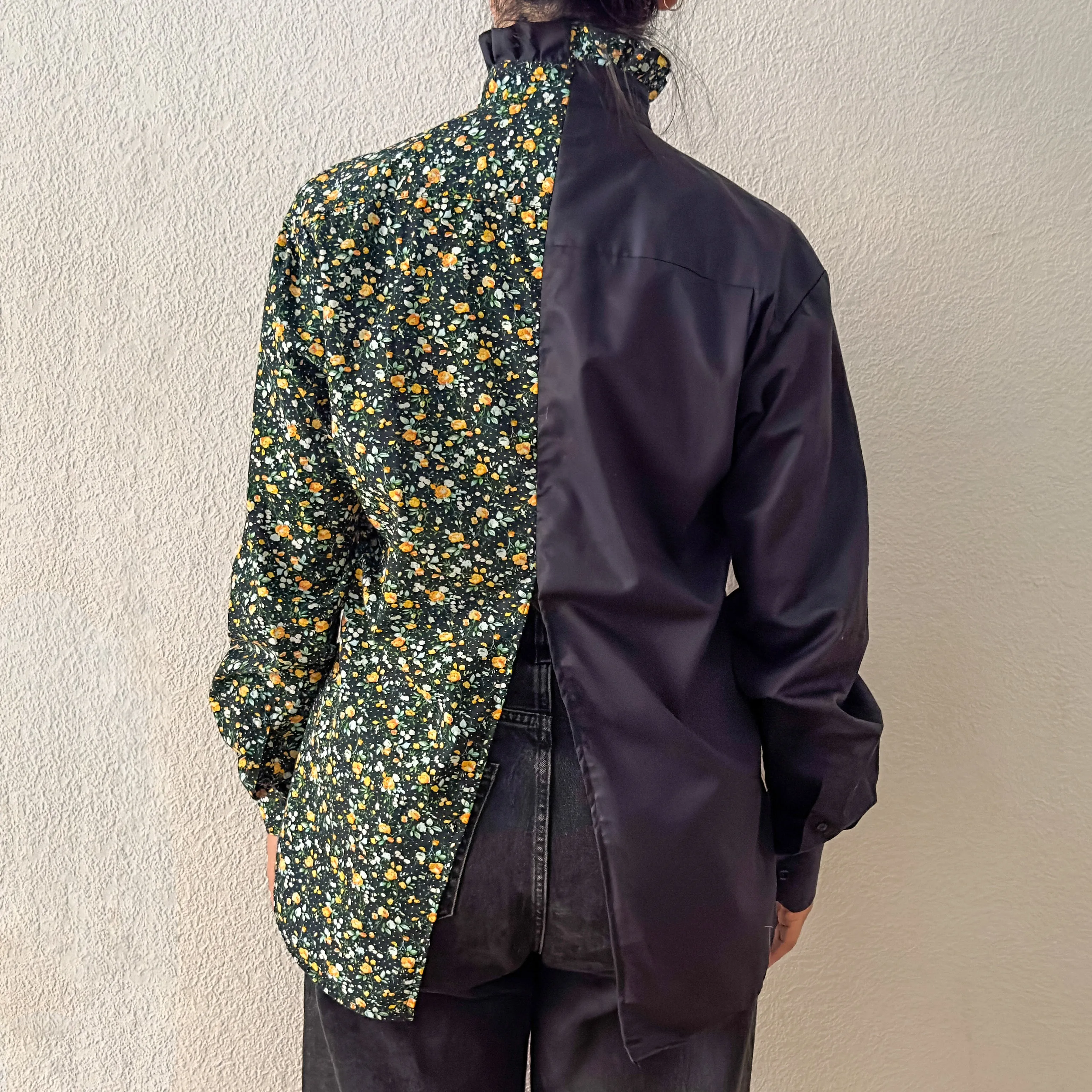 Contrasted Shirt Black/Yellow - Upcycled Shirt 23 - M, Cotton