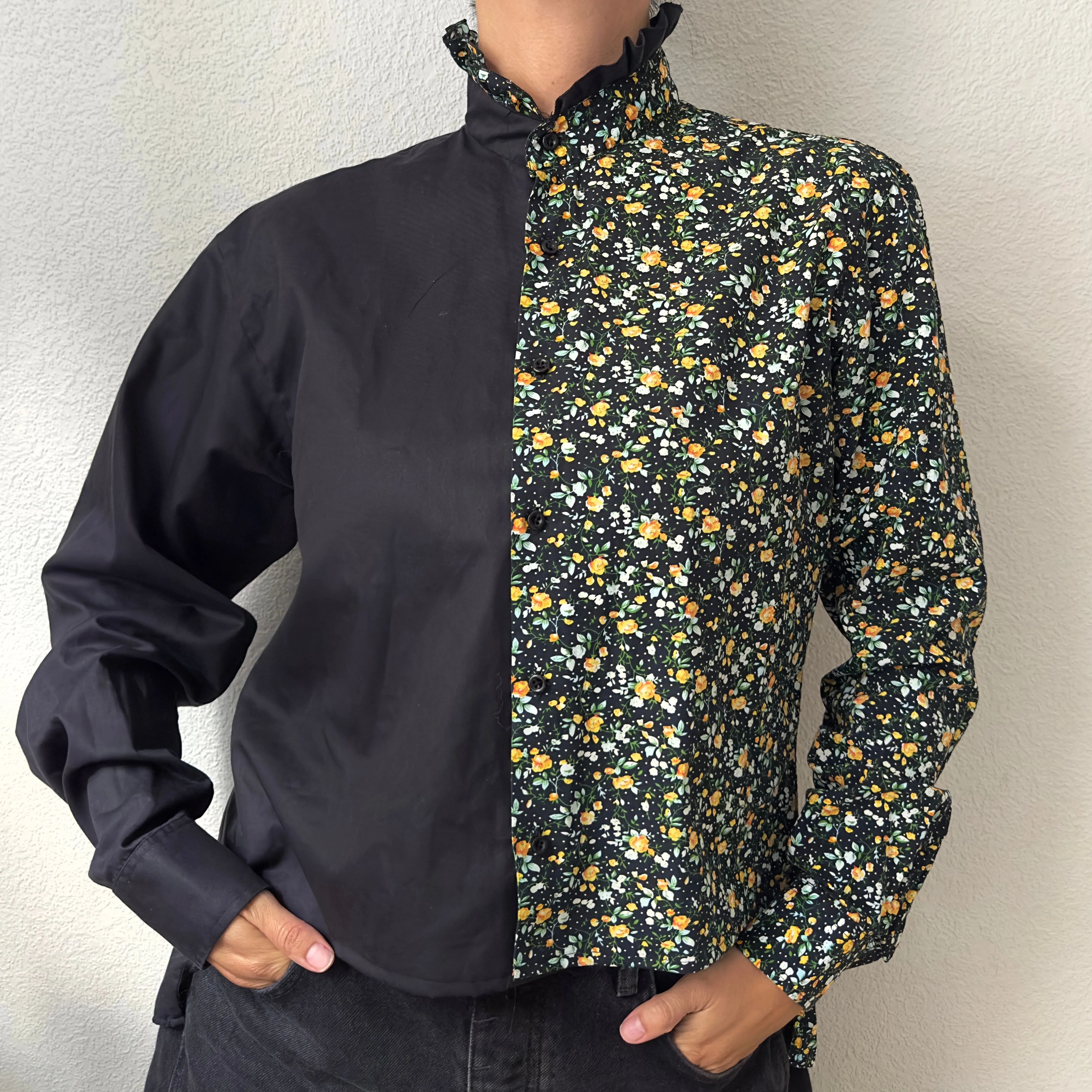Contrasted Shirt Black/Yellow - Upcycled Shirt 23 - M, Cotton